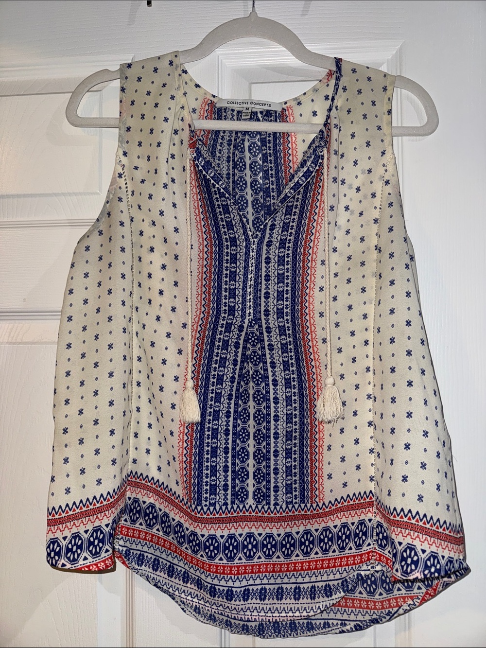 Collective Concepts Cream Tank with Blue & Red Border Print